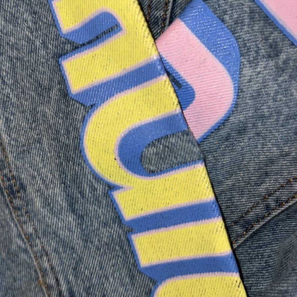 70s Upcycled Pink Floyd Lightwash Denim Jean Oversized Jacket Mens Womans Unisex - Picture 10 of 13